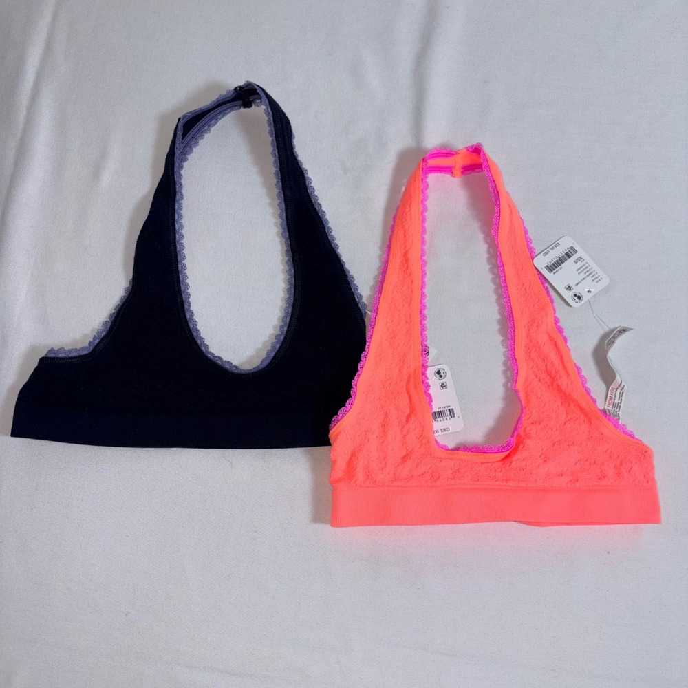 Free People Bralette Set XS Small Black Coral NEW 2 Pack Lace Trim Halter Neck